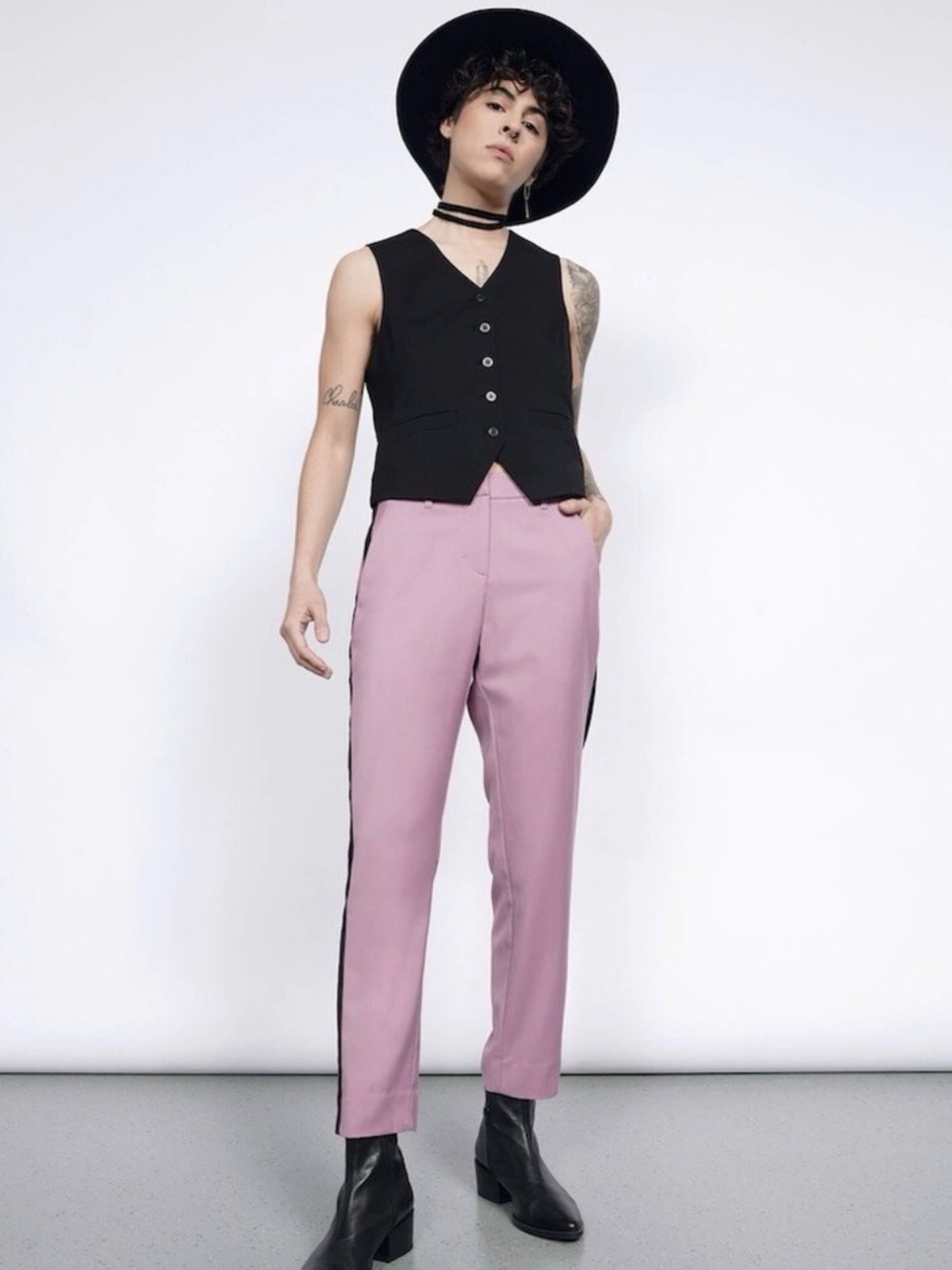 Wildfang Lilac Dusty Pink Slim Crop-Leg Tuxedo Stripe Pants